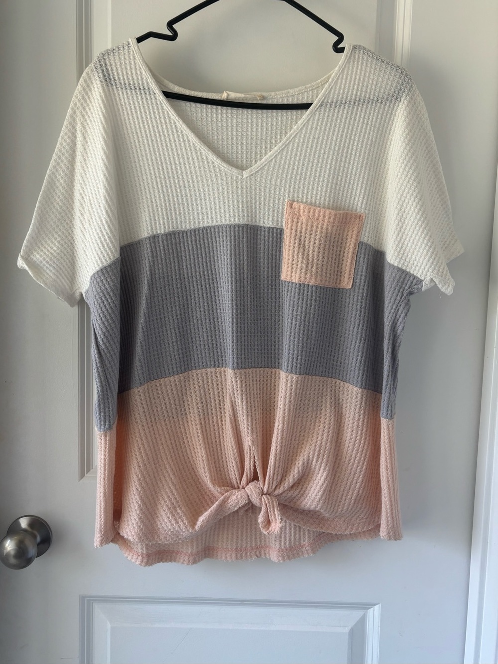 entro Colorblock V-Neck Tie-Front Top - White, Gray & Blush